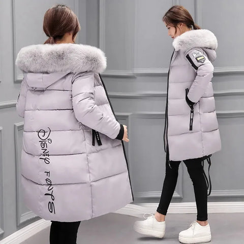 Hooded down jacket with large fur collar for women