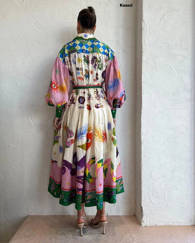Vintage printed long dress with polo collar for women