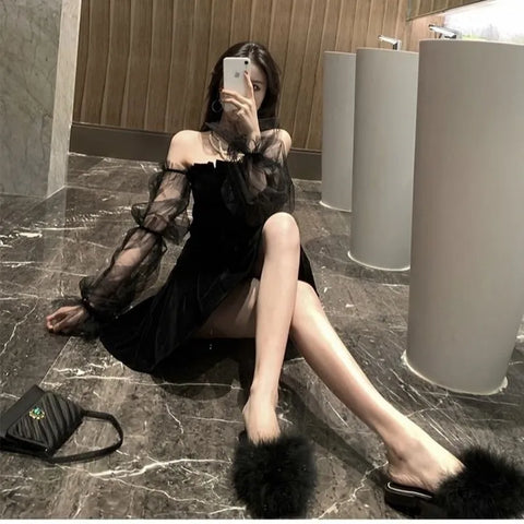 Mini robe noire en mousseline de soie pour femmes