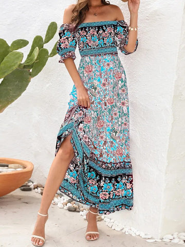 Ello Damen-Kleid im Bohemian-Stil mit Blumendruck und Plissee