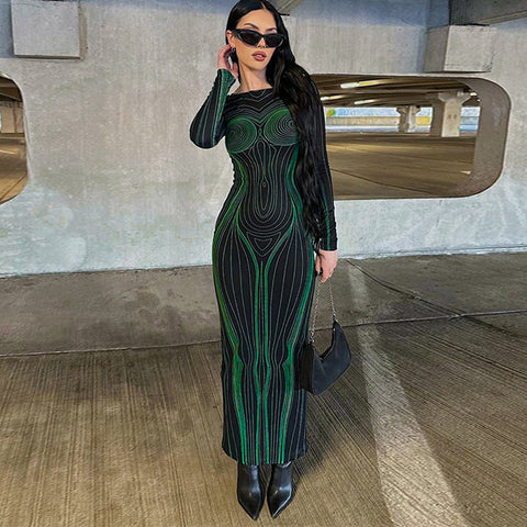 Long Green Dress with Bodycon Fit Sleeves for Women - TREE