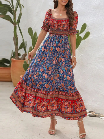 Ello Women's Floral Print Pleated Bohemian Dress