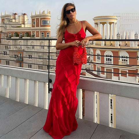 Elegant Maxi Dress with Ruffles and Deep V-Neck for Women - Polina