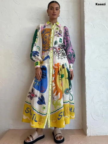 Vintage printed long dress with polo collar for women
