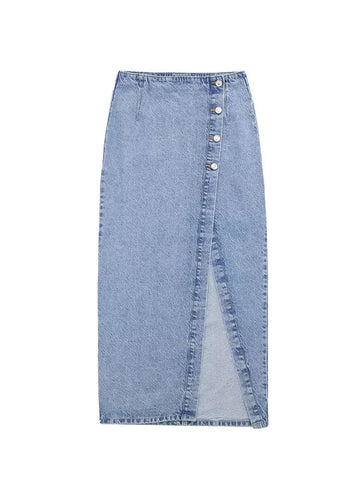 Women's Retro Casual Long Denim Skirt with Button