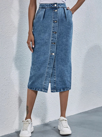 Lexo Damen-Jeansrock mit hoher Taille und geraden Taschen