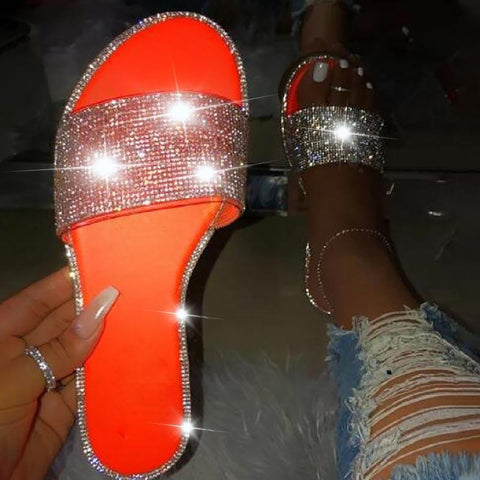 Sandales d'été plates avec diamants - Orange