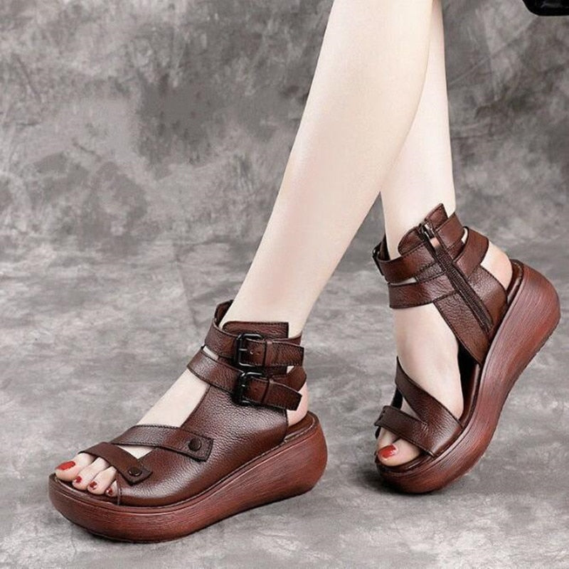 Sandales d'été en cuir Vintage pour Femmes - Flat