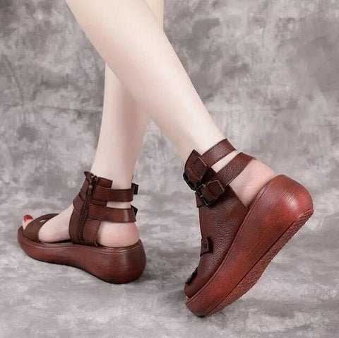 Sandales d'été en cuir Vintage pour Femmes - Flat